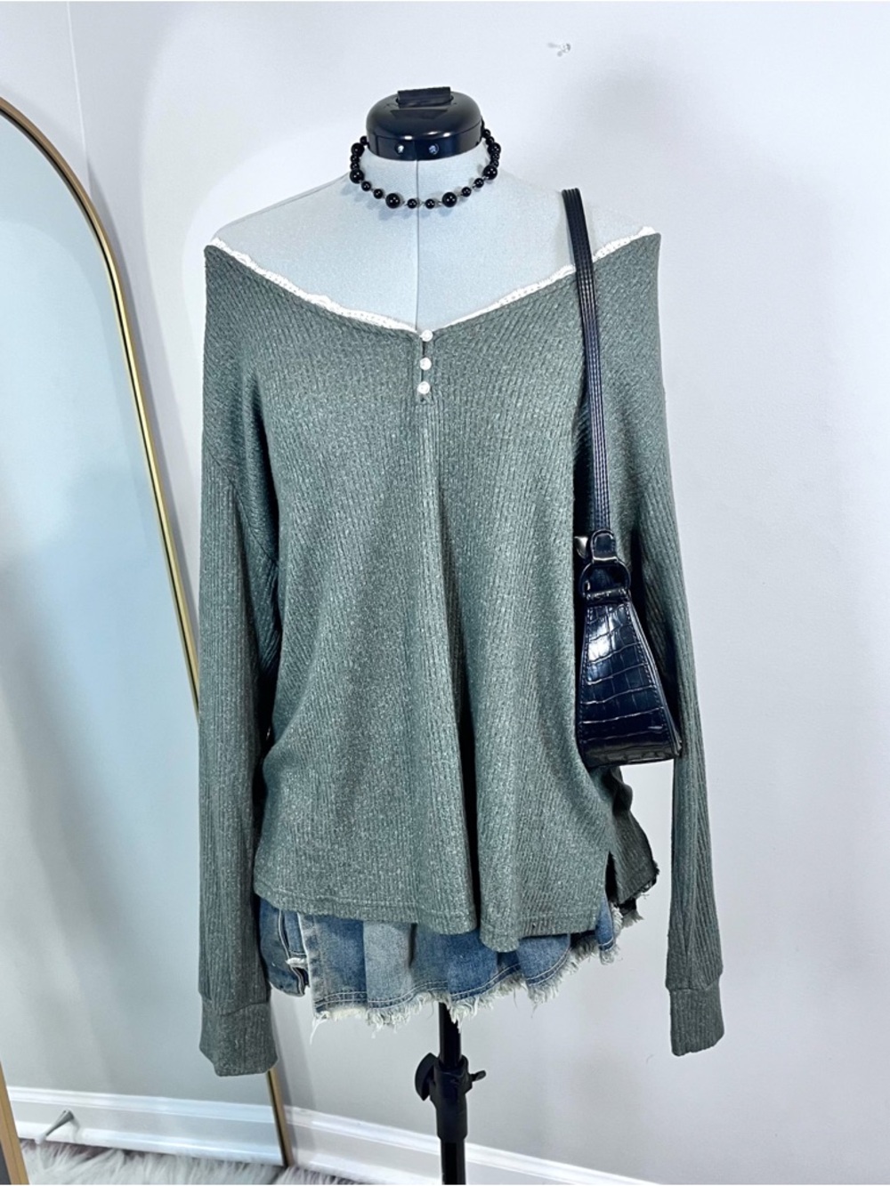 Green Knit Lace Trim Henley Sweater